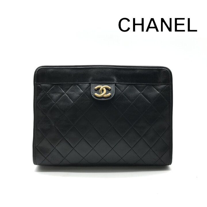 Chanel CC Logo Quilted Clutch Second Lambskin Leather Black