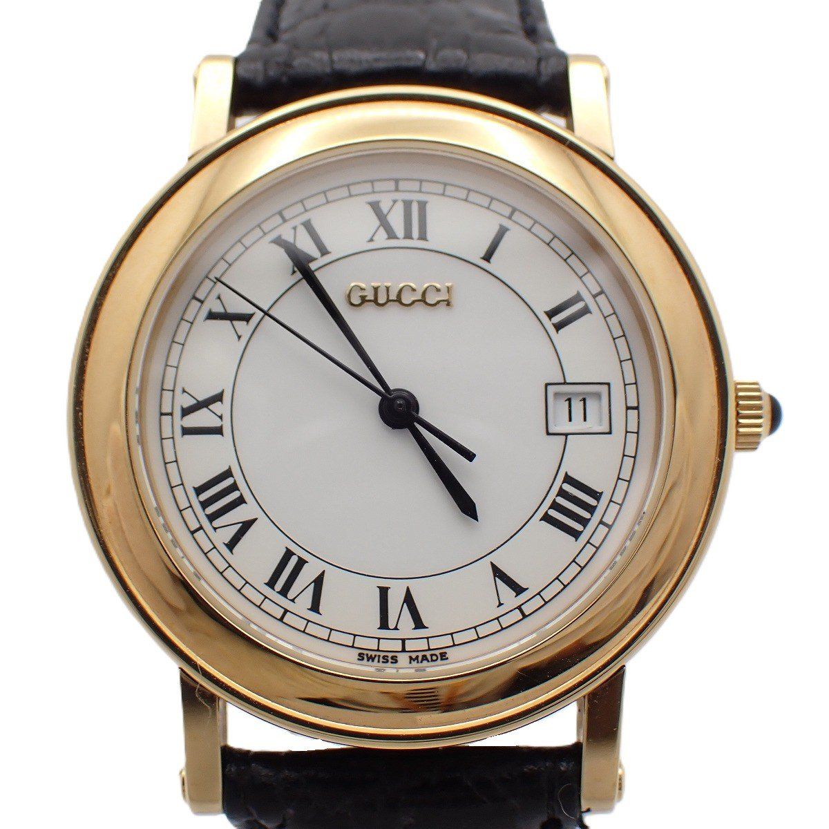 Gucci Quartz Watch Gold White Dial Leather Strap