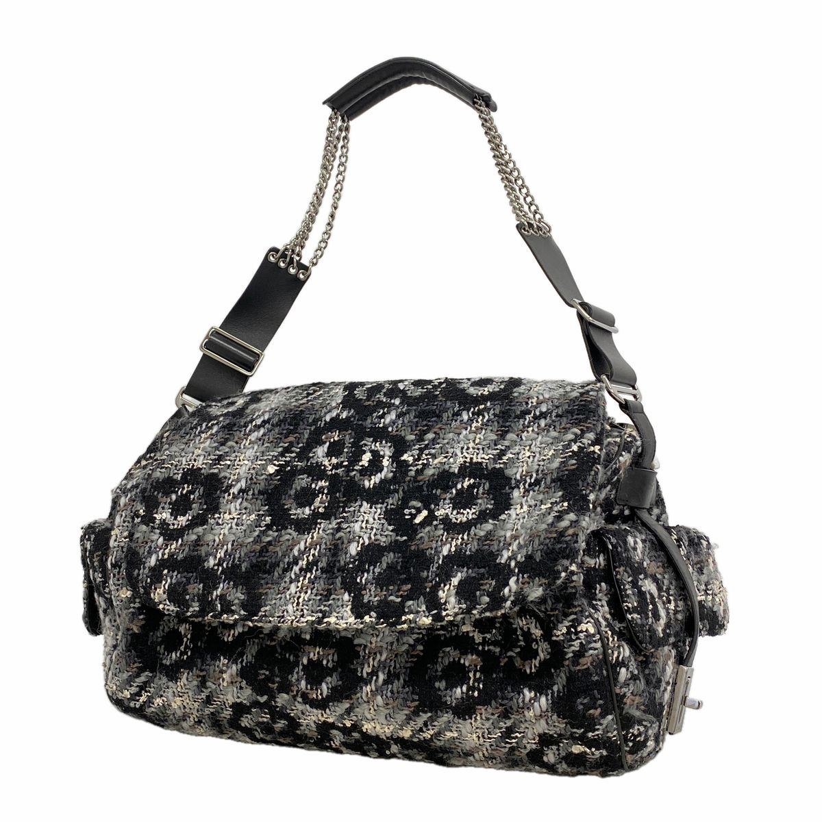Chanel Shoulder Bag 2.55 Tweed Black White Silver