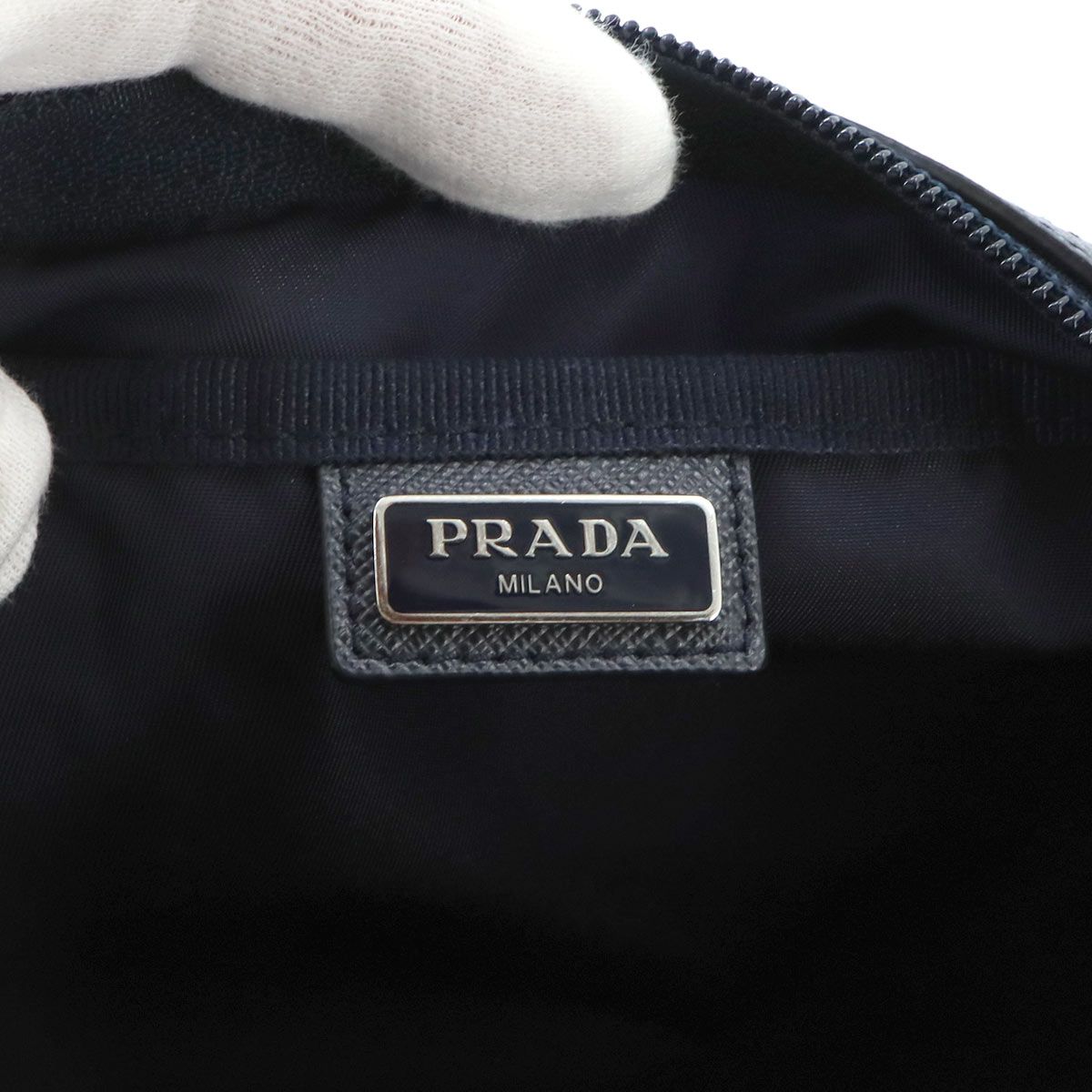 Prada Pouch Nylon Saffiano Leather Navy Silver — view 6