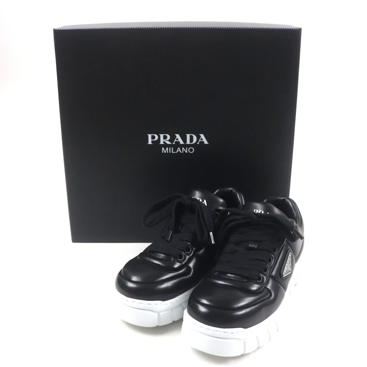 Prada Triangle Logo Plate Padded Nappa Leather Sneakers Black — view 2