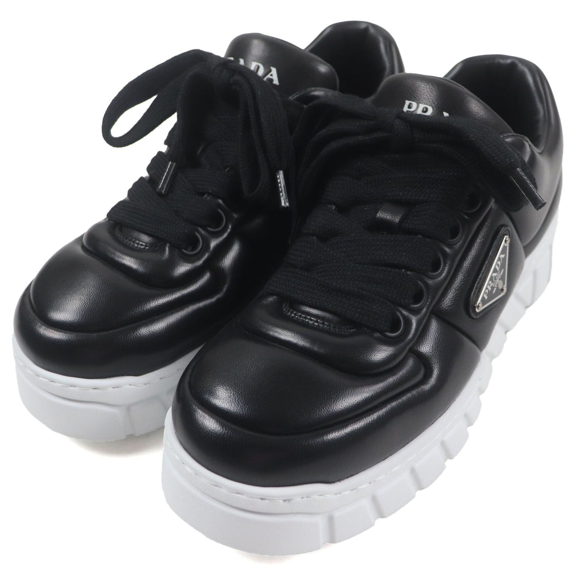 Prada Triangle Logo Plate Padded Nappa Leather Sneakers Black