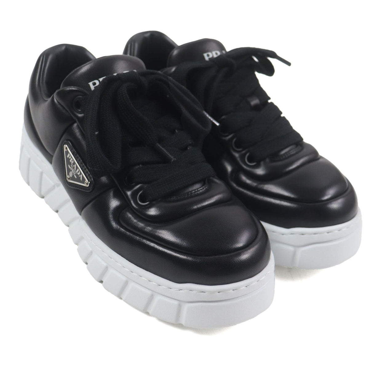 Prada Triangle Logo Plate Padded Nappa Leather Sneakers Black — view 3
