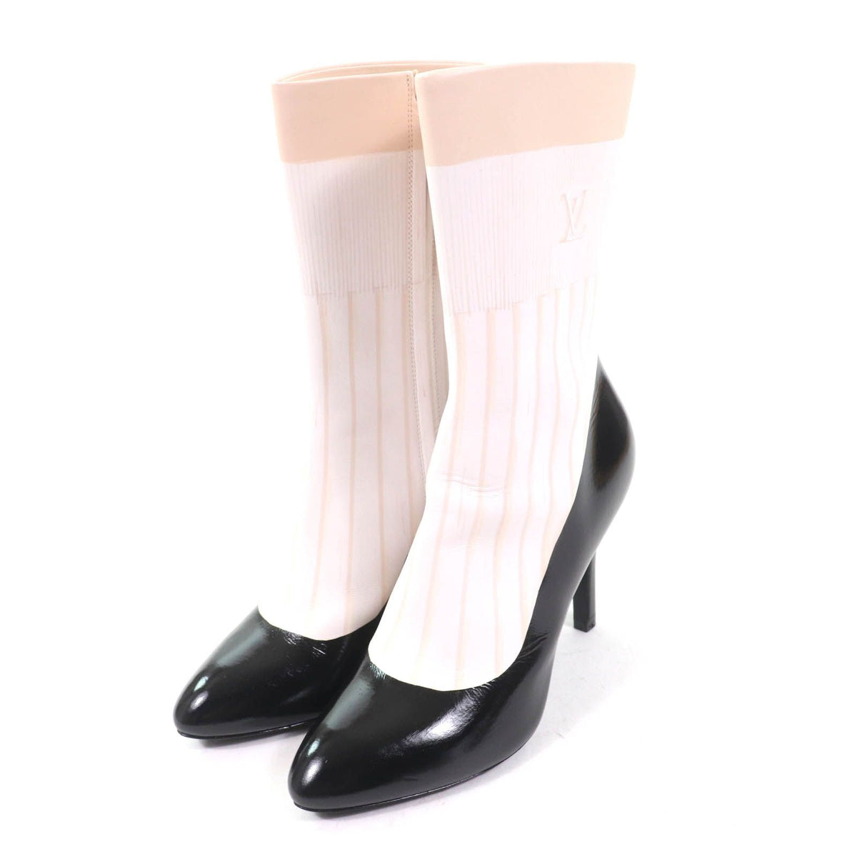 Louis Vuitton Illusion Line LV Logo Pointed Toe Leather Ankle Boots Black White