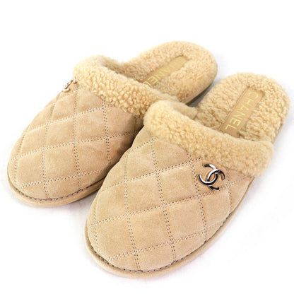 Chanel CC Logo Quilted Fleece Slippers Room Shoes Mules Beige