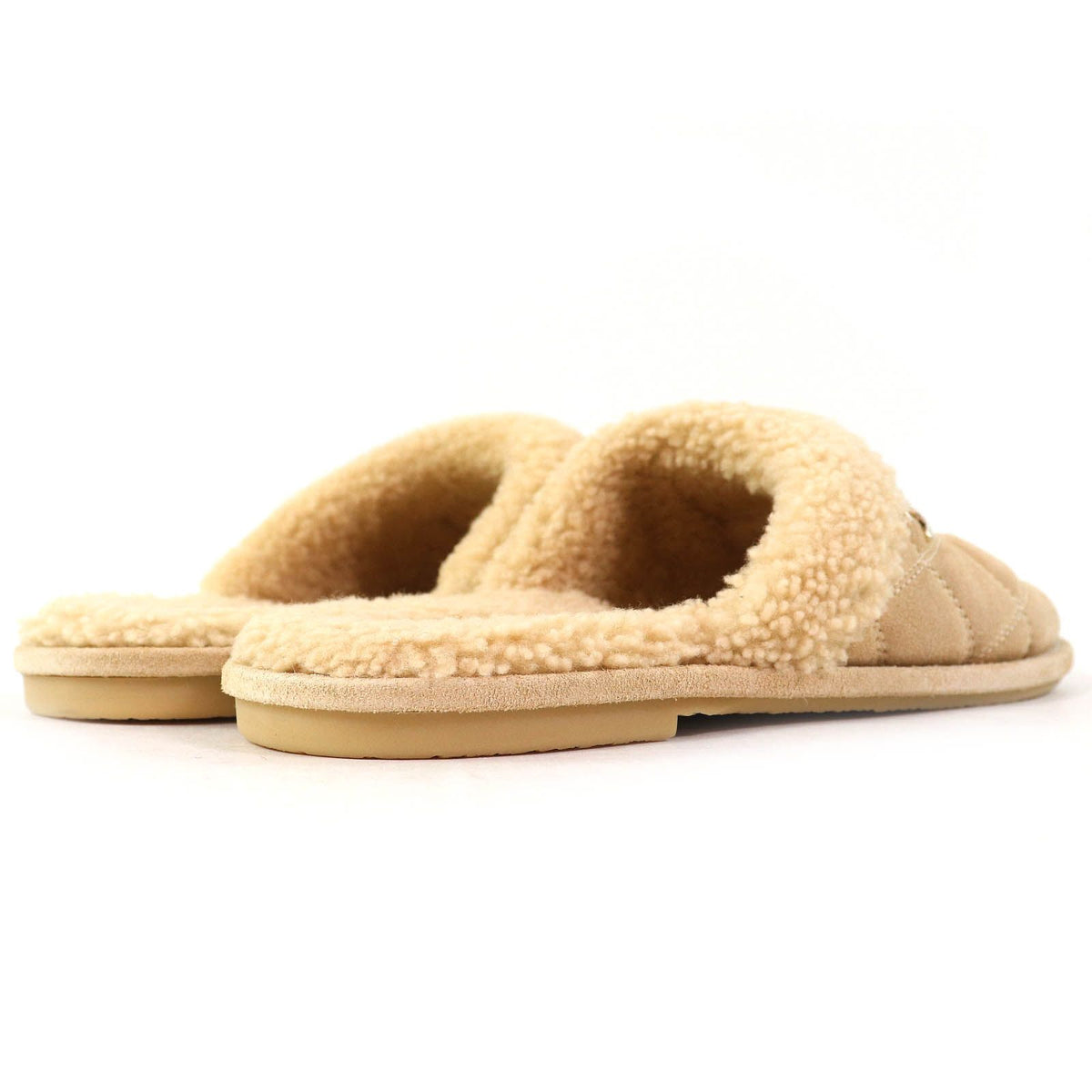 Chanel CC Logo Quilted Fleece Slippers Room Shoes Mules Beige — view 6