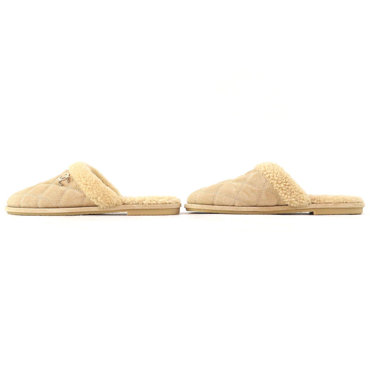 Chanel CC Logo Quilted Fleece Slippers Room Shoes Mules Beige — view 2