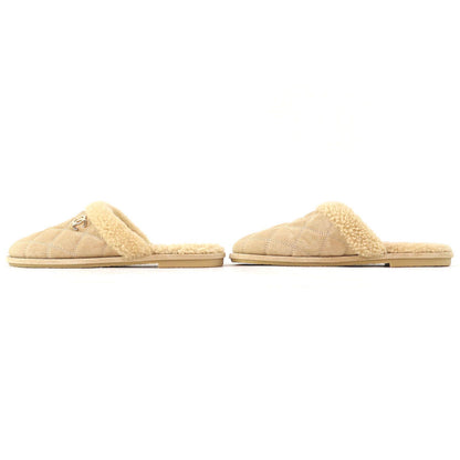 Chanel CC Logo Quilted Fleece Slippers Room Shoes Mules Beige — view 2