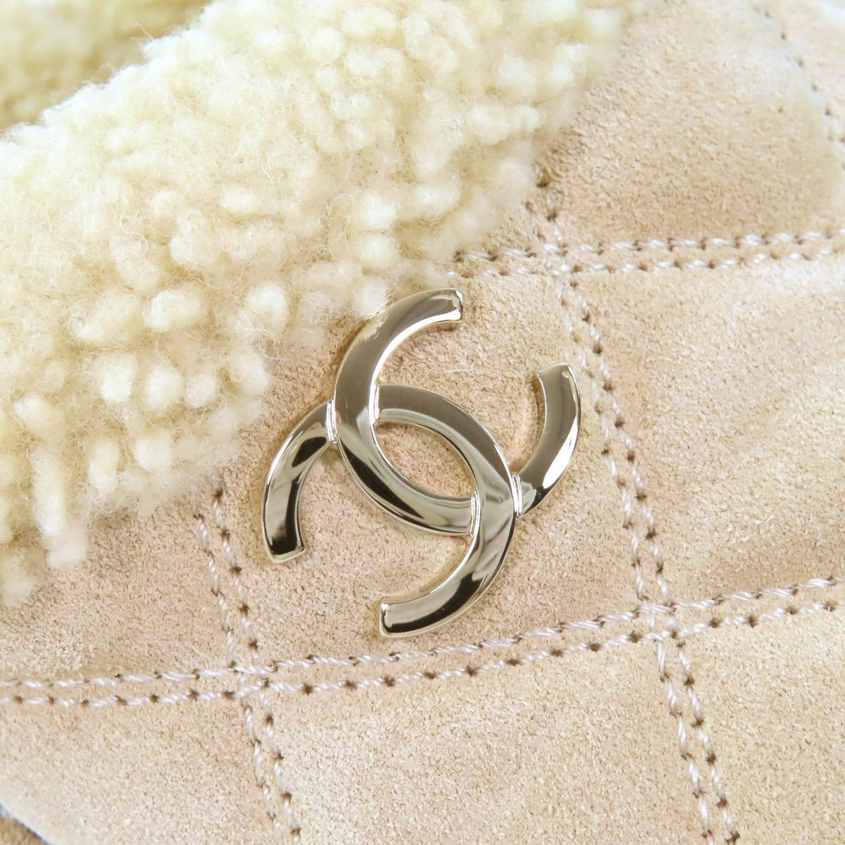 Chanel CC Logo Quilted Fleece Slippers Room Shoes Mules Beige — view 8