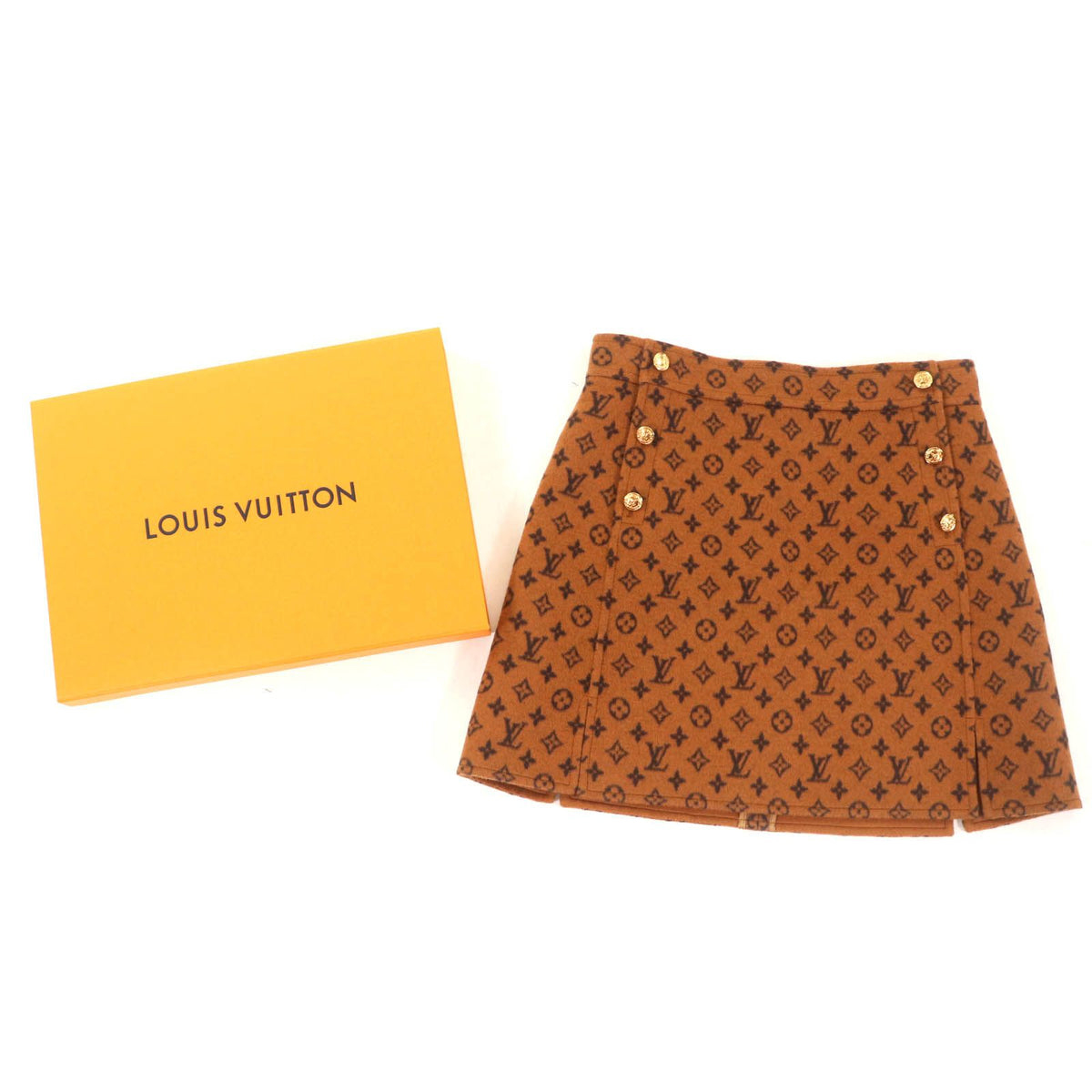 Louis Vuitton Wool Silk Monogram LV Gold Button Trapezoid Mini Skirt Brown 40 — view 2