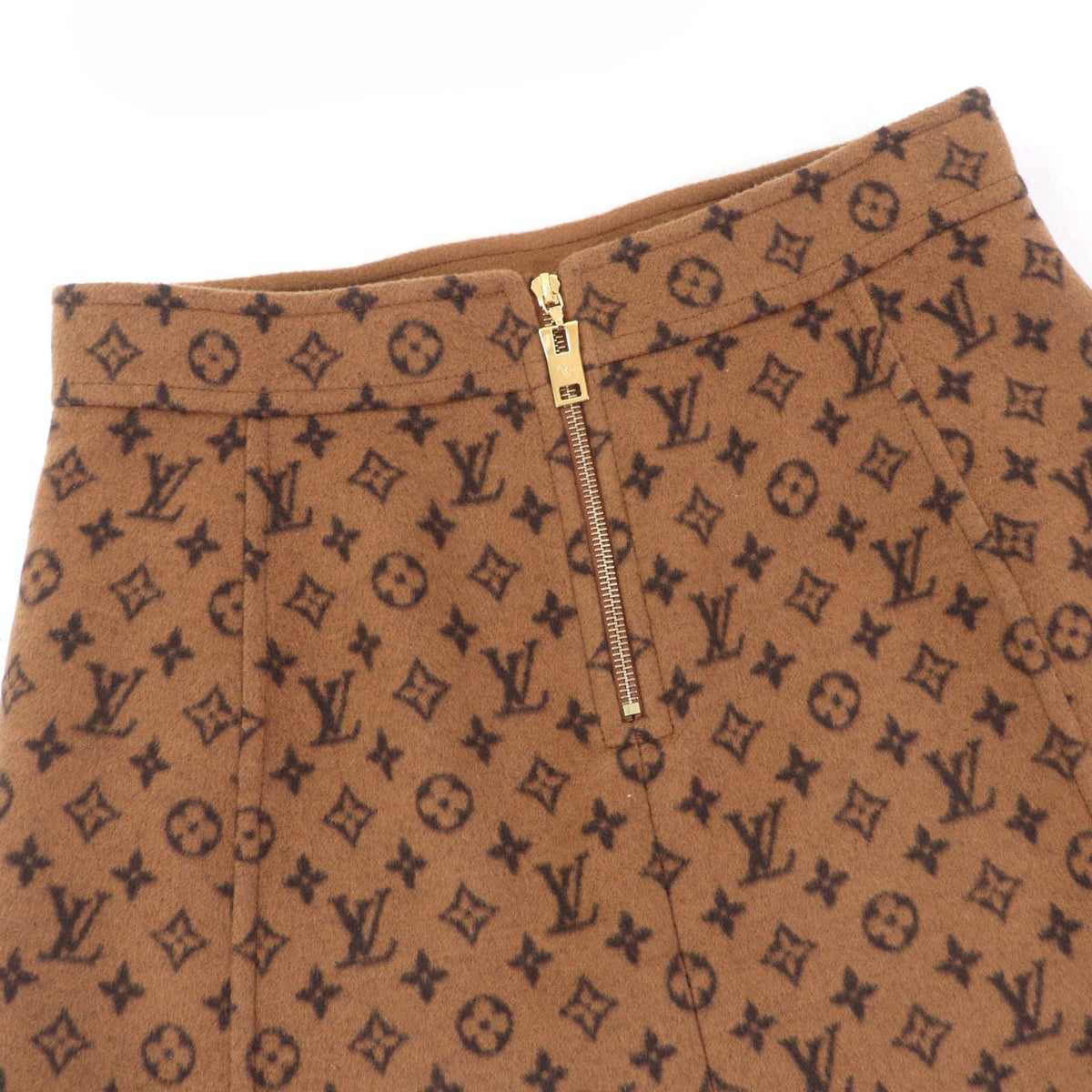 Louis Vuitton Wool Silk Monogram LV Gold Button Trapezoid Mini Skirt Brown 40 — view 5