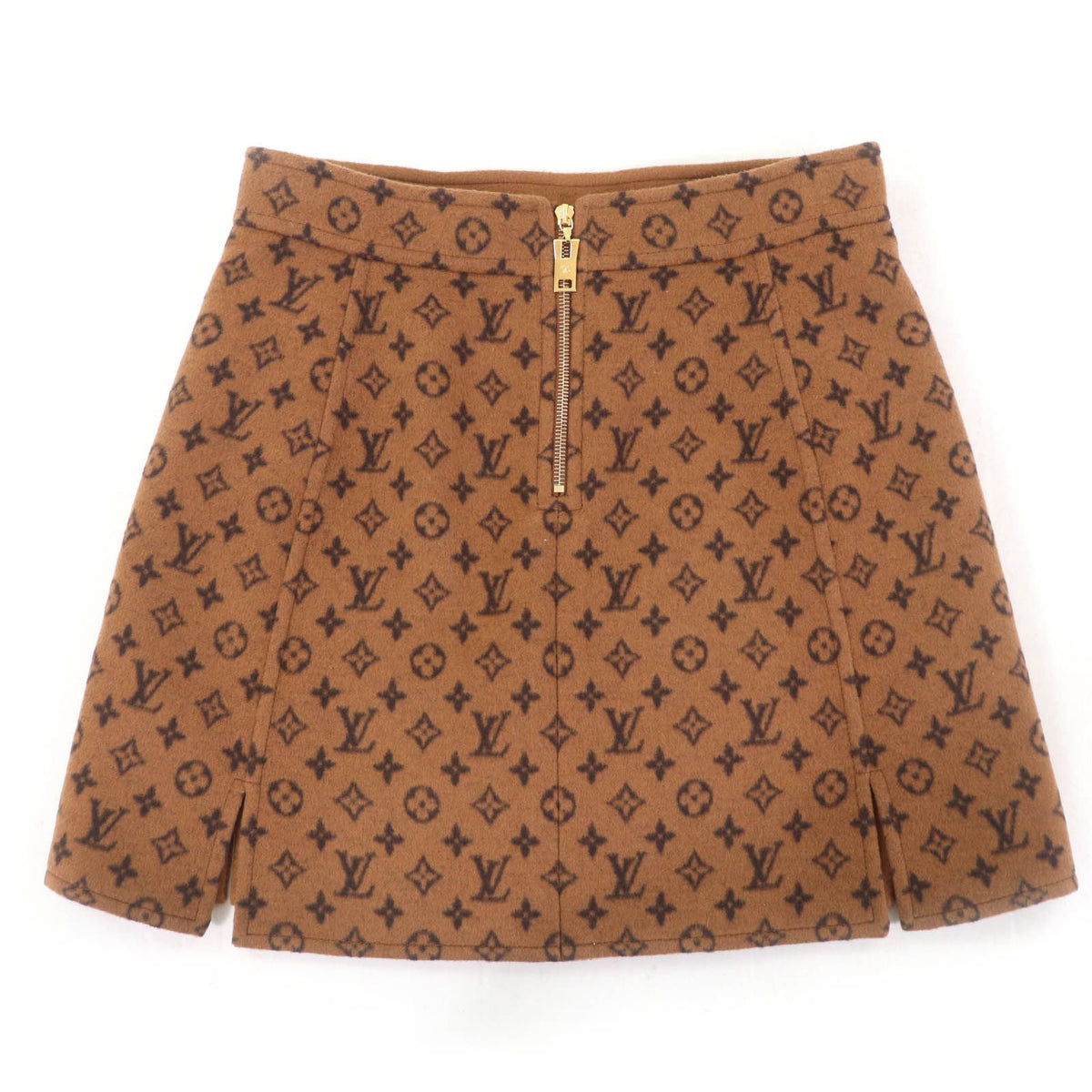 Louis Vuitton Wool Silk Monogram LV Gold Button Trapezoid Mini Skirt Brown 40 — view 3