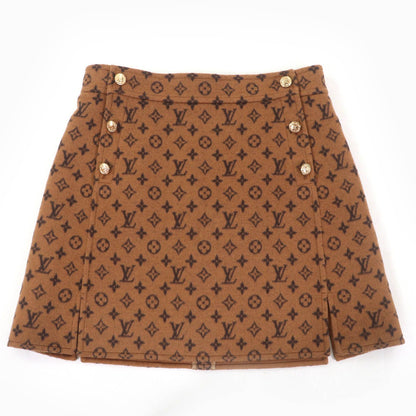 Louis Vuitton Wool Silk Monogram LV Gold Button Trapezoid Mini Skirt Brown 40