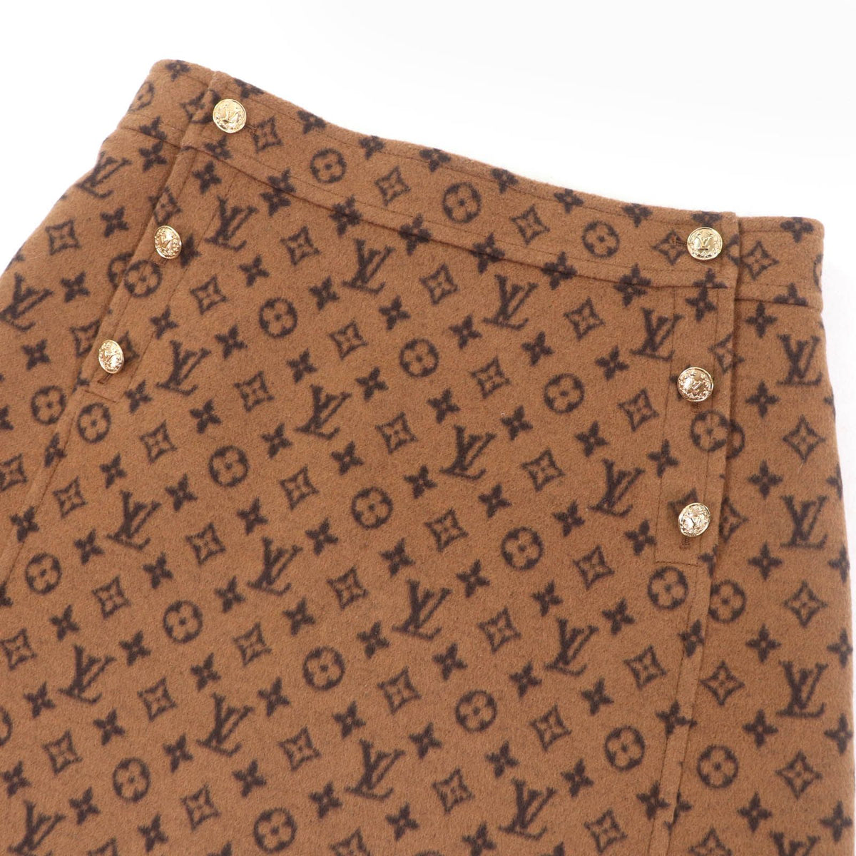 Louis Vuitton Wool Silk Monogram LV Gold Button Trapezoid Mini Skirt Brown 40 — view 4