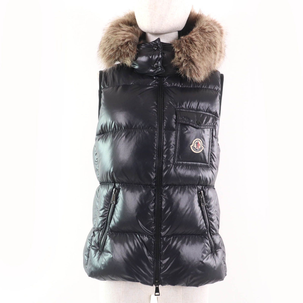 Moncler Balabio Logo Patch Ecorette Fur Hooded Down Vest Black