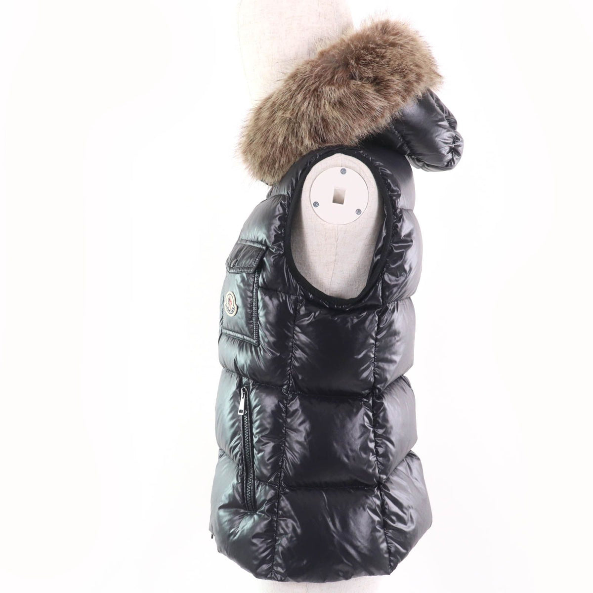 Moncler Balabio Logo Patch Ecorette Fur Hooded Down Vest Black — view 2
