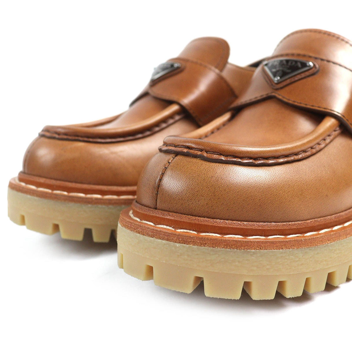 Prada Triangle Logo Plate Oxfords Leather Loafers Brown — view 5