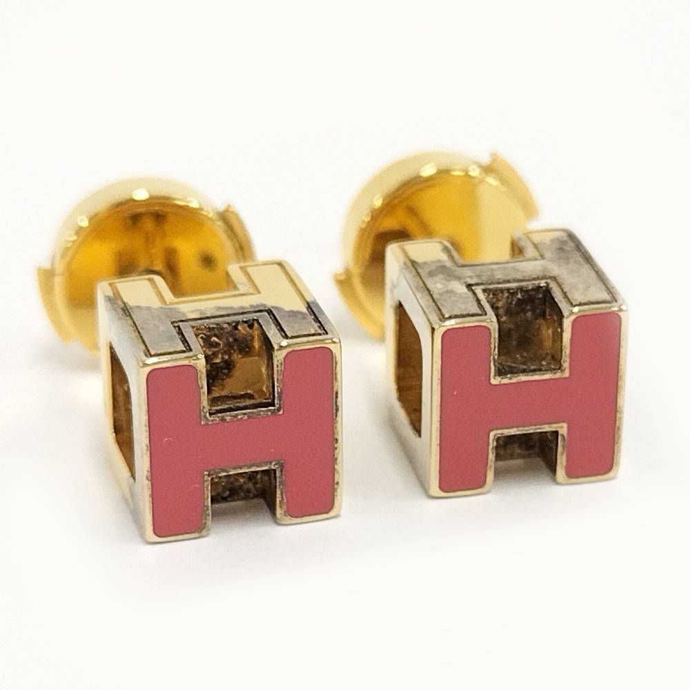 Hermes Cage de Ash H Cube Earrings Plated Gold Pink