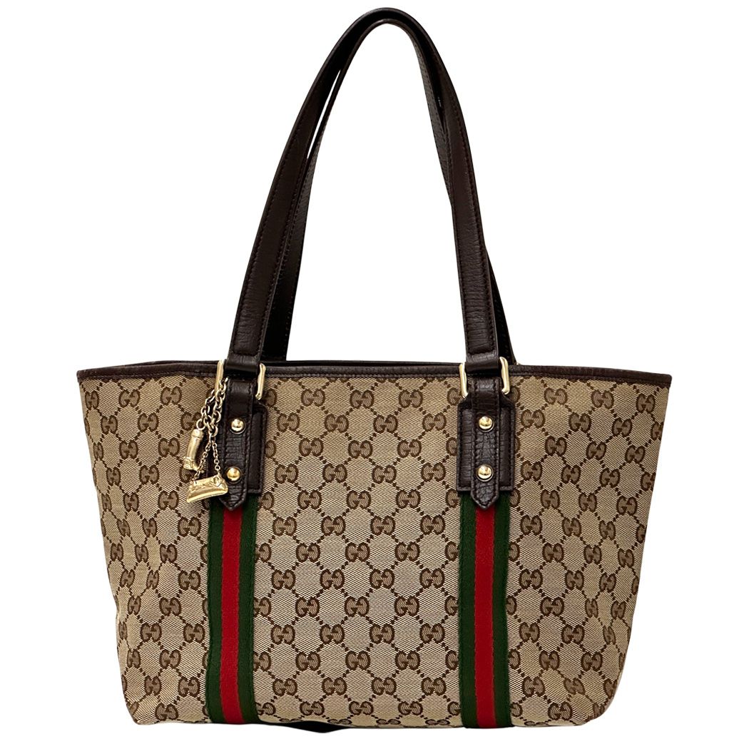 Gucci GG Canvas Tote Bag Brown Handle Work Shoulder Charm