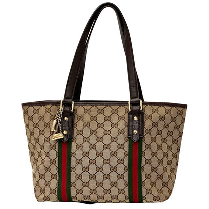 Gucci GG Canvas Tote Bag Brown Handle Work Shoulder Charm