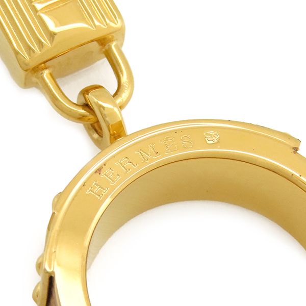 Hermes Scarf Ring Kelly Cadena Metal Leather Gold Brown Motif — view 6