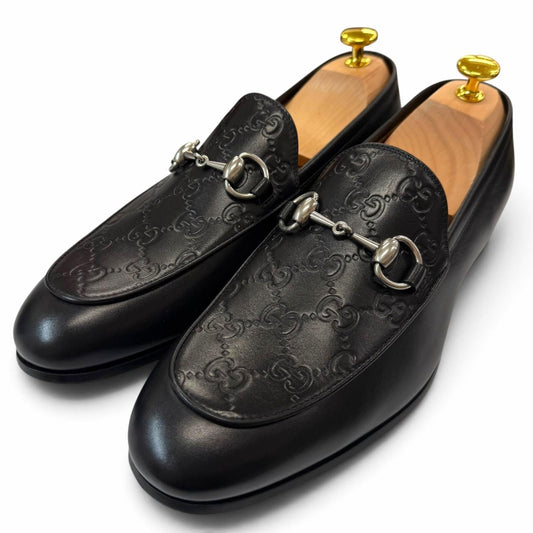 Gucci Guccissima GG Embossed Tip Horsebit Leather Shoes Loafers Black Silver