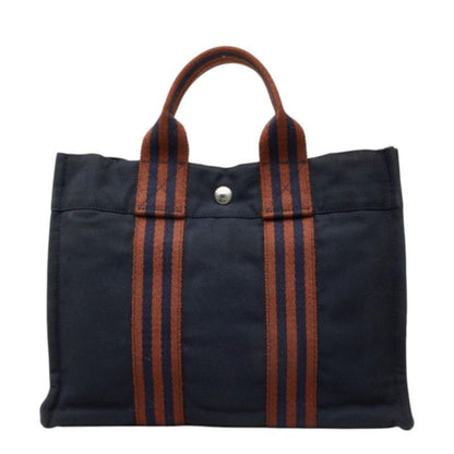 Hermes Fourre Tout PM Tote Bag Navy Brown Silver Cotton