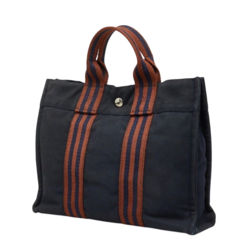 Hermes Fourre Tout PM Tote Bag Navy Brown Silver Cotton — view 2