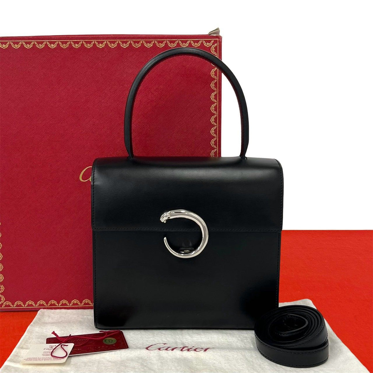 Cartier Panthere Leather 2-Way Shoulder Bag Black