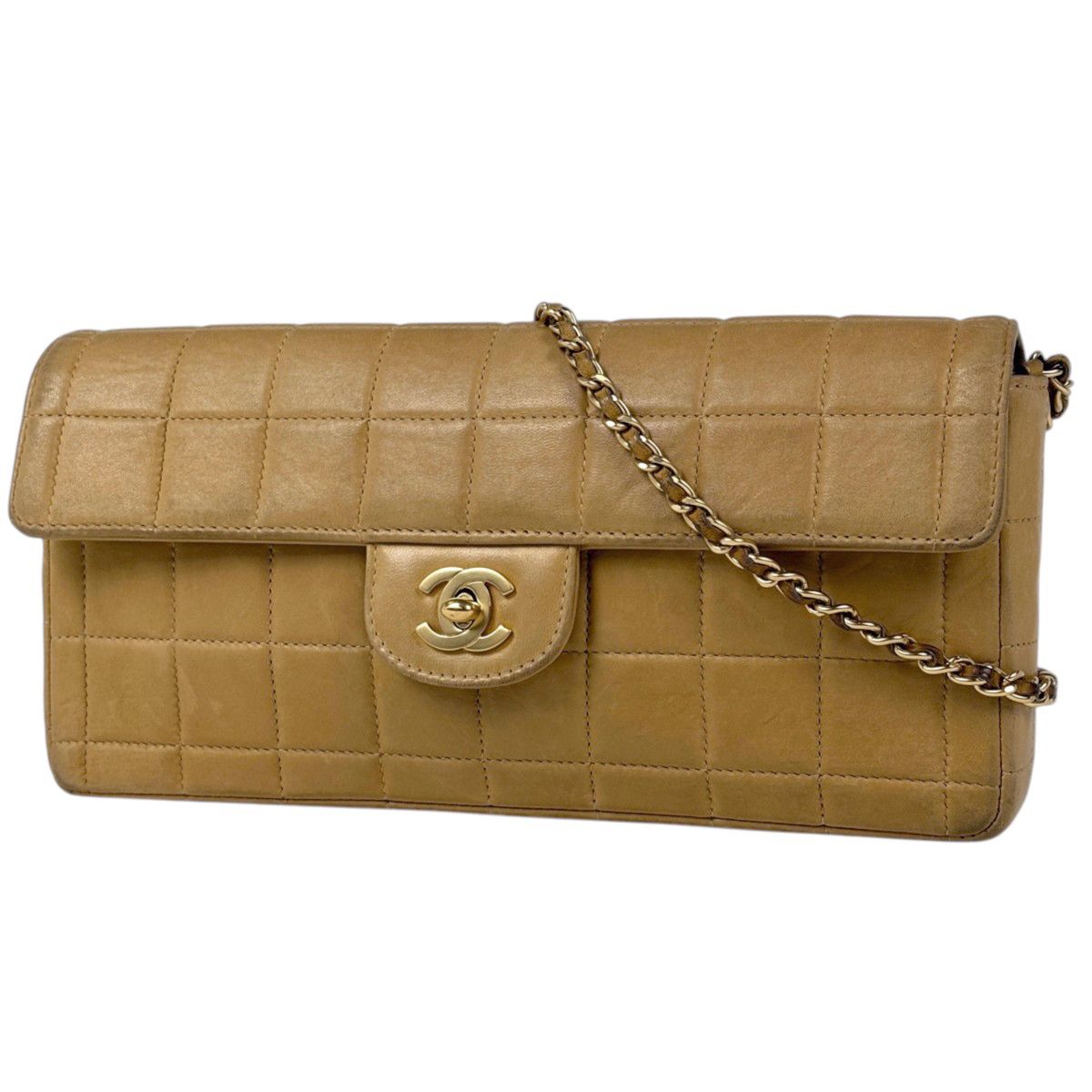 Chanel Shoulder Bag Choco Bar CC Logo Leather Brown