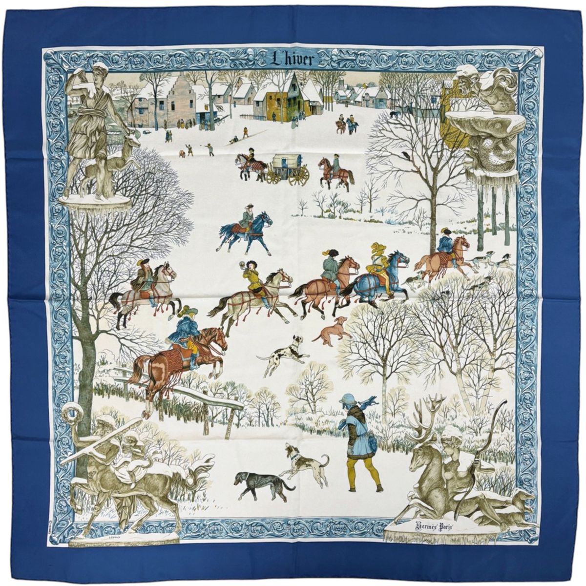 Hermes Carre 90 L'hiver Scarf Hunting Pattern Winter Silk Blue Multicolor