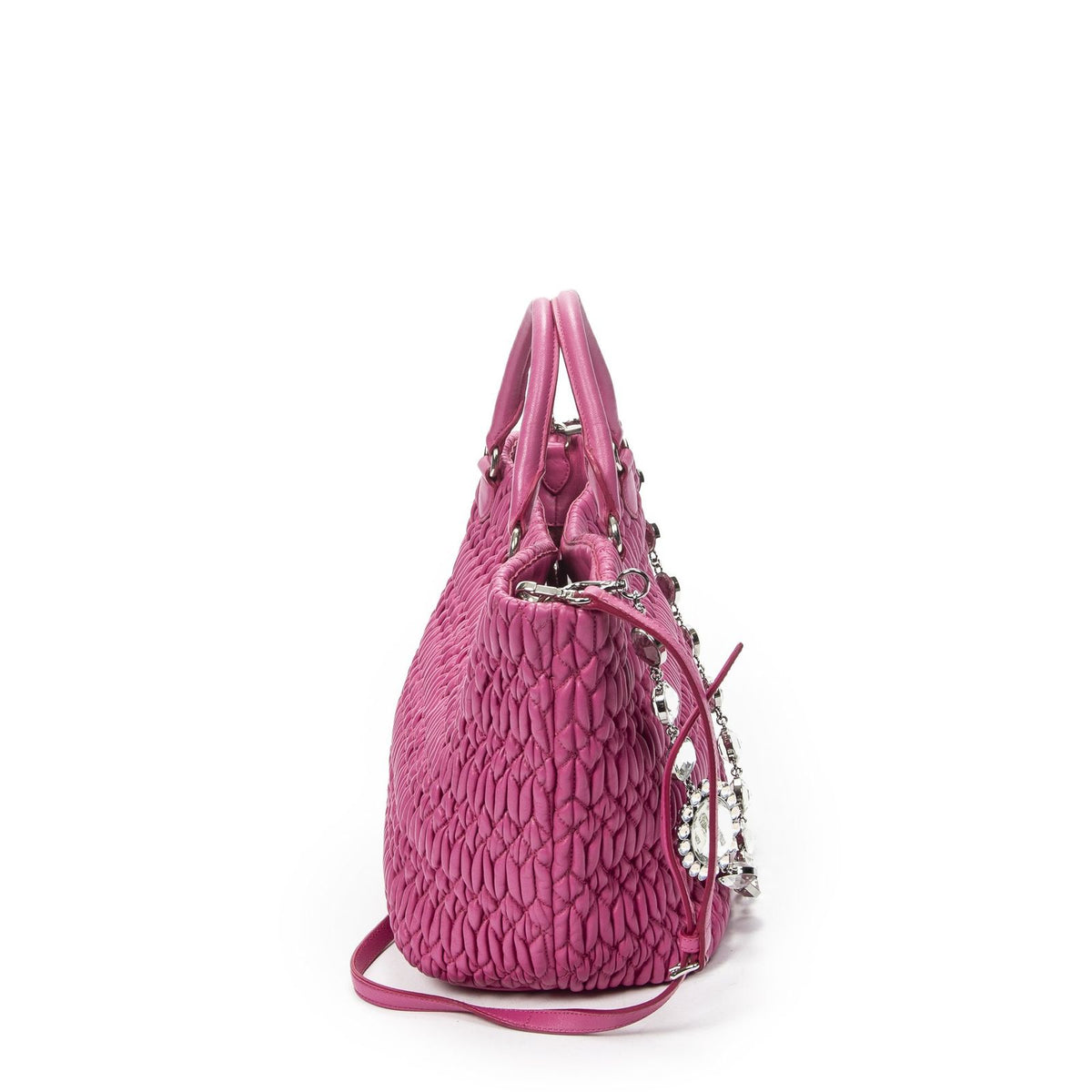 Miu Miu Curved Crystal Tote Bag Fuchsia Nappa Matelasse Leather — view 4