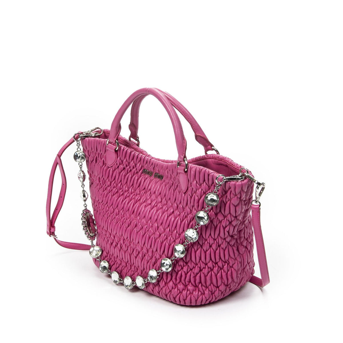 Miu Miu Curved Crystal Tote Bag Fuchsia Nappa Matelasse Leather — view 2
