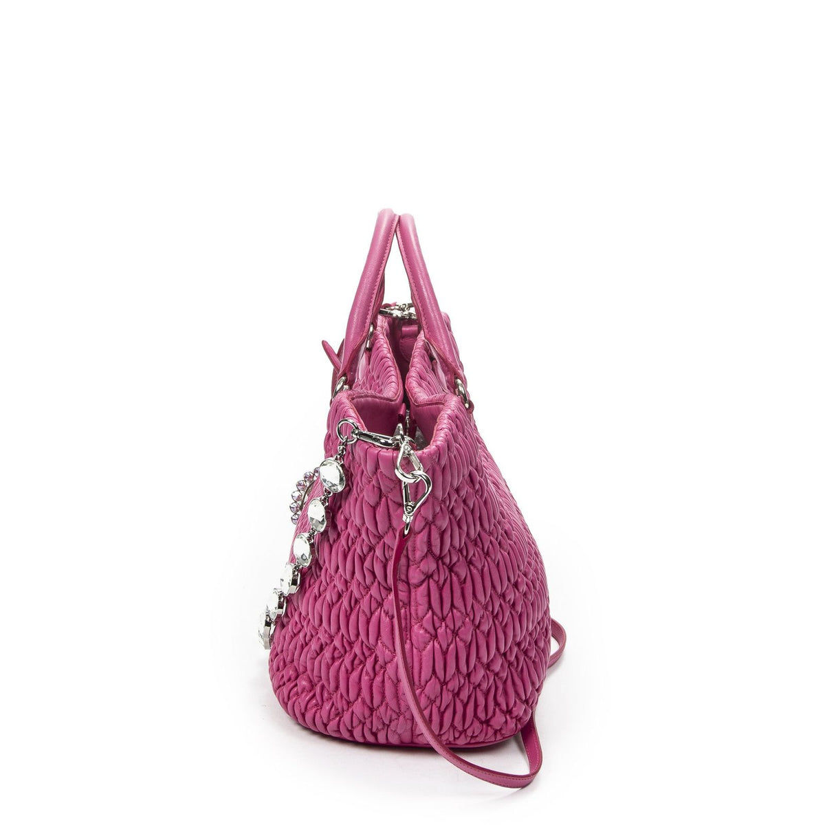 Miu Miu Curved Crystal Tote Bag Fuchsia Nappa Matelasse Leather — view 3
