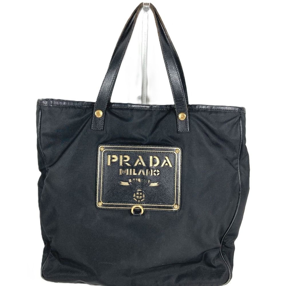 Prada Tote Bag Logo Leather Nylon Black