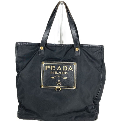 Prada Tote Bag Logo Leather Nylon Black