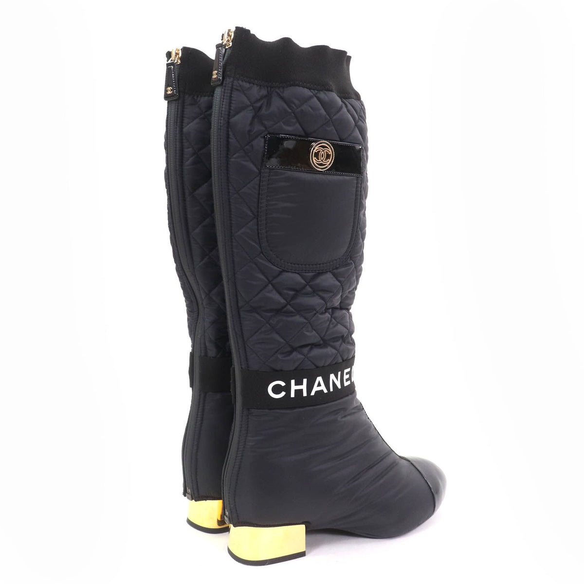 Chanel CC Logo with Design Patent Leather Quilted 2-Way Long Boots Black — view 2