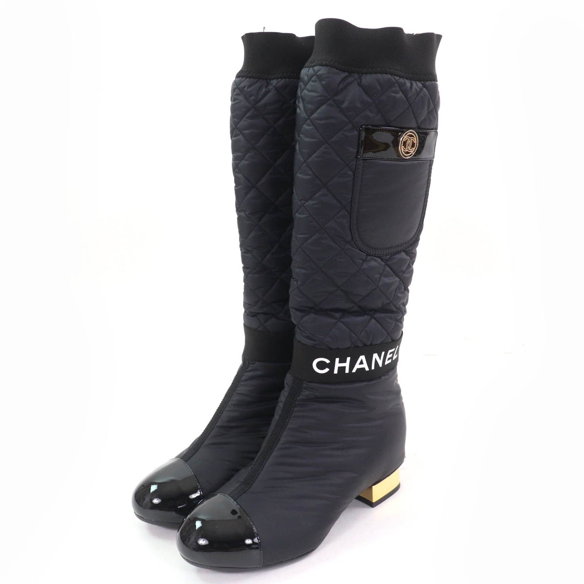 Chanel CC Logo with Design Patent Leather Quilted 2-Way Long Boots Black