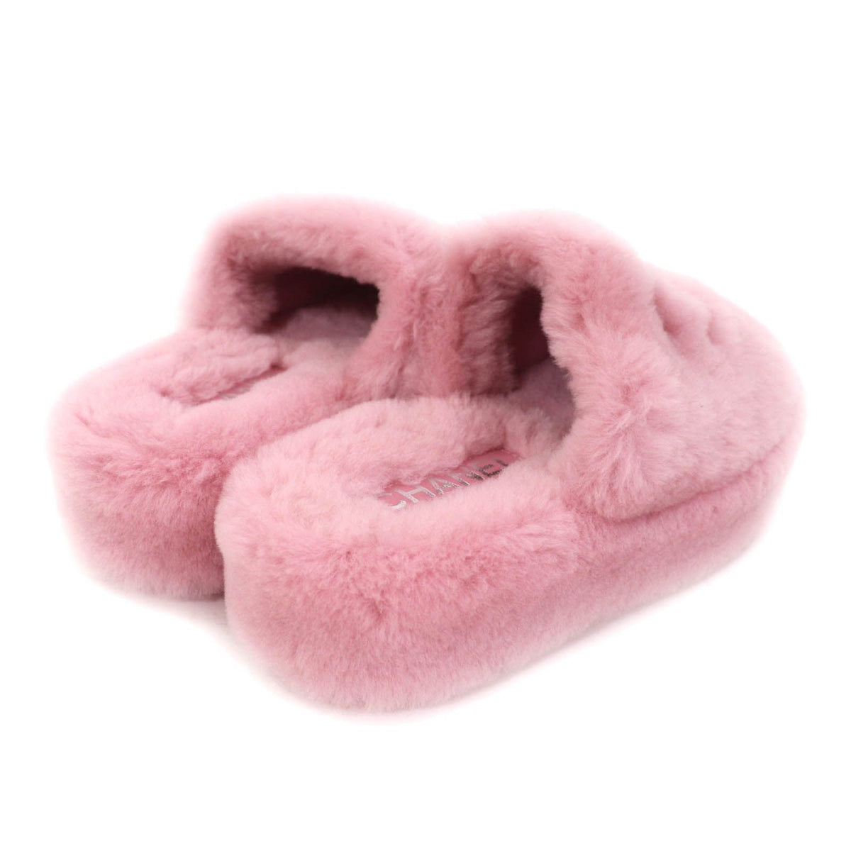 Chanel CC Logo Embroidery Shearling Lambskin Fur Sandals Pink — view 3