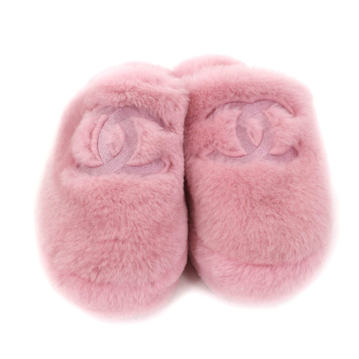 Chanel CC Logo Embroidery Shearling Lambskin Fur Sandals Pink — view 4