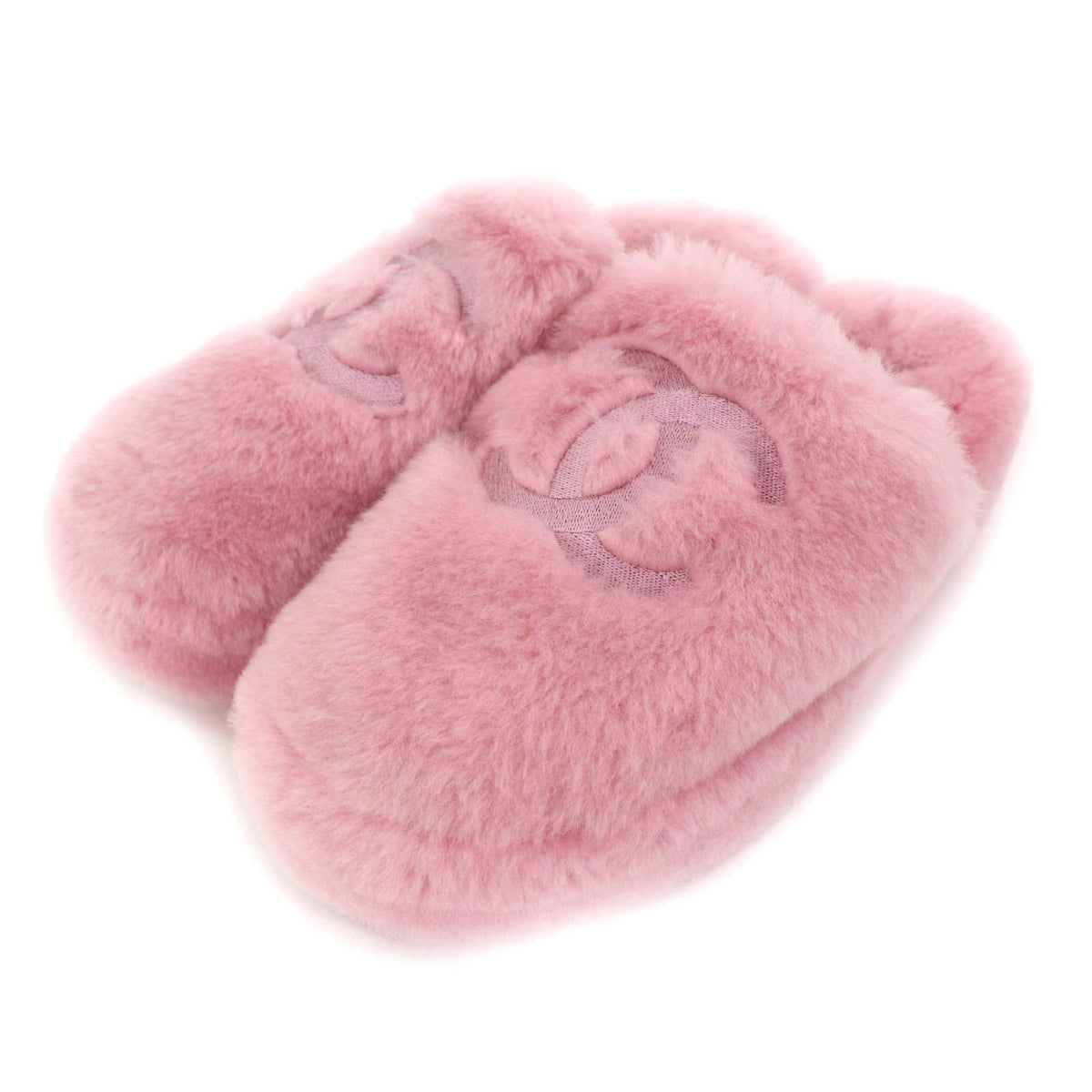 Chanel CC Logo Embroidery Shearling Lambskin Fur Sandals Pink