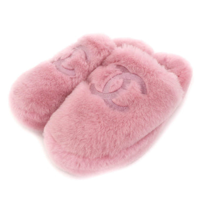 Chanel CC Logo Embroidery Shearling Lambskin Fur Sandals Pink