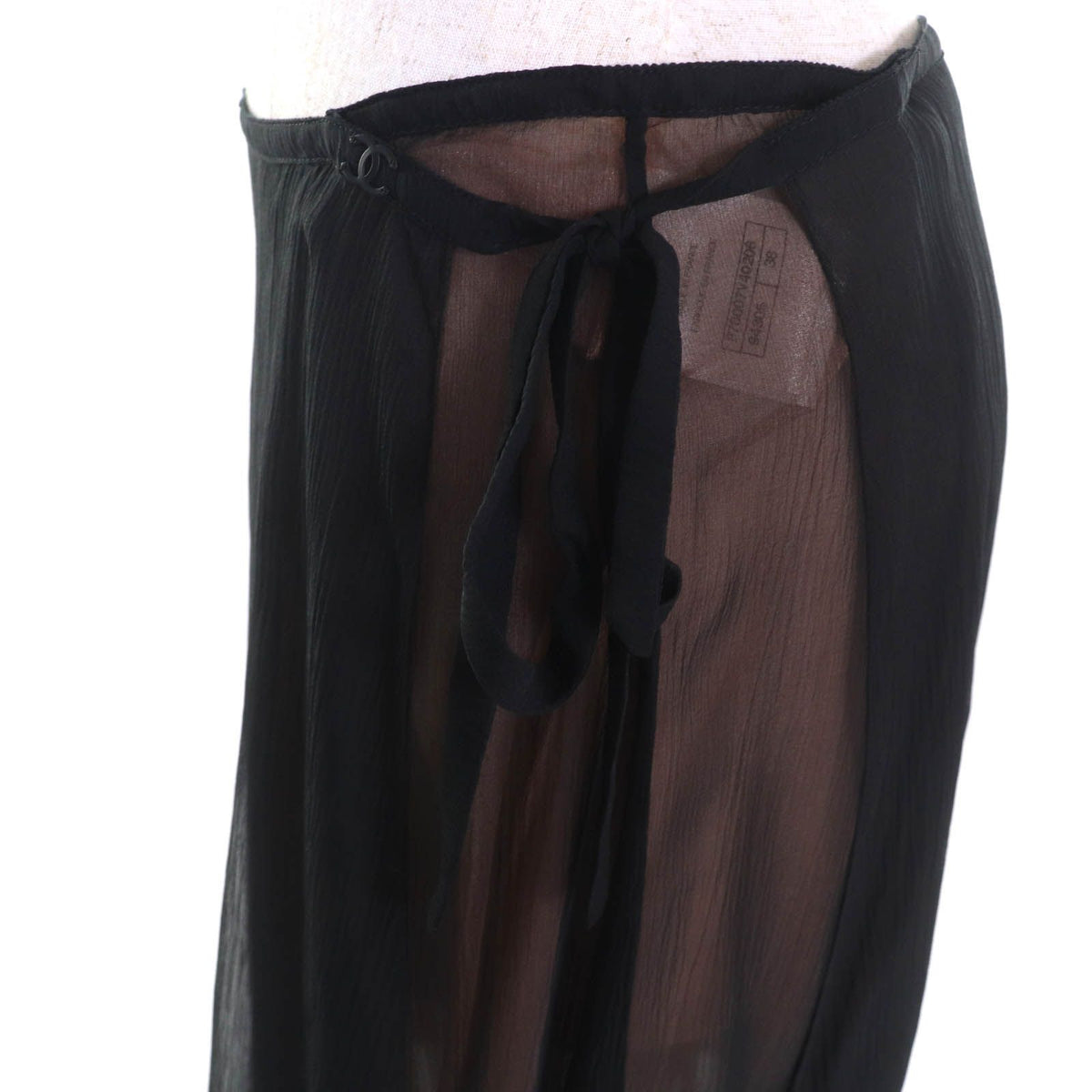 Chanel Silk 100% CC Logo Side Ribbon Knee-Length Chiffon Skirt Black 38 — view 6
