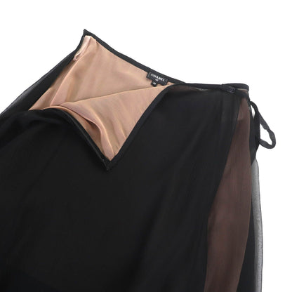 Chanel Silk 100% CC Logo Side Ribbon Knee-Length Chiffon Skirt Black 38 — view 5