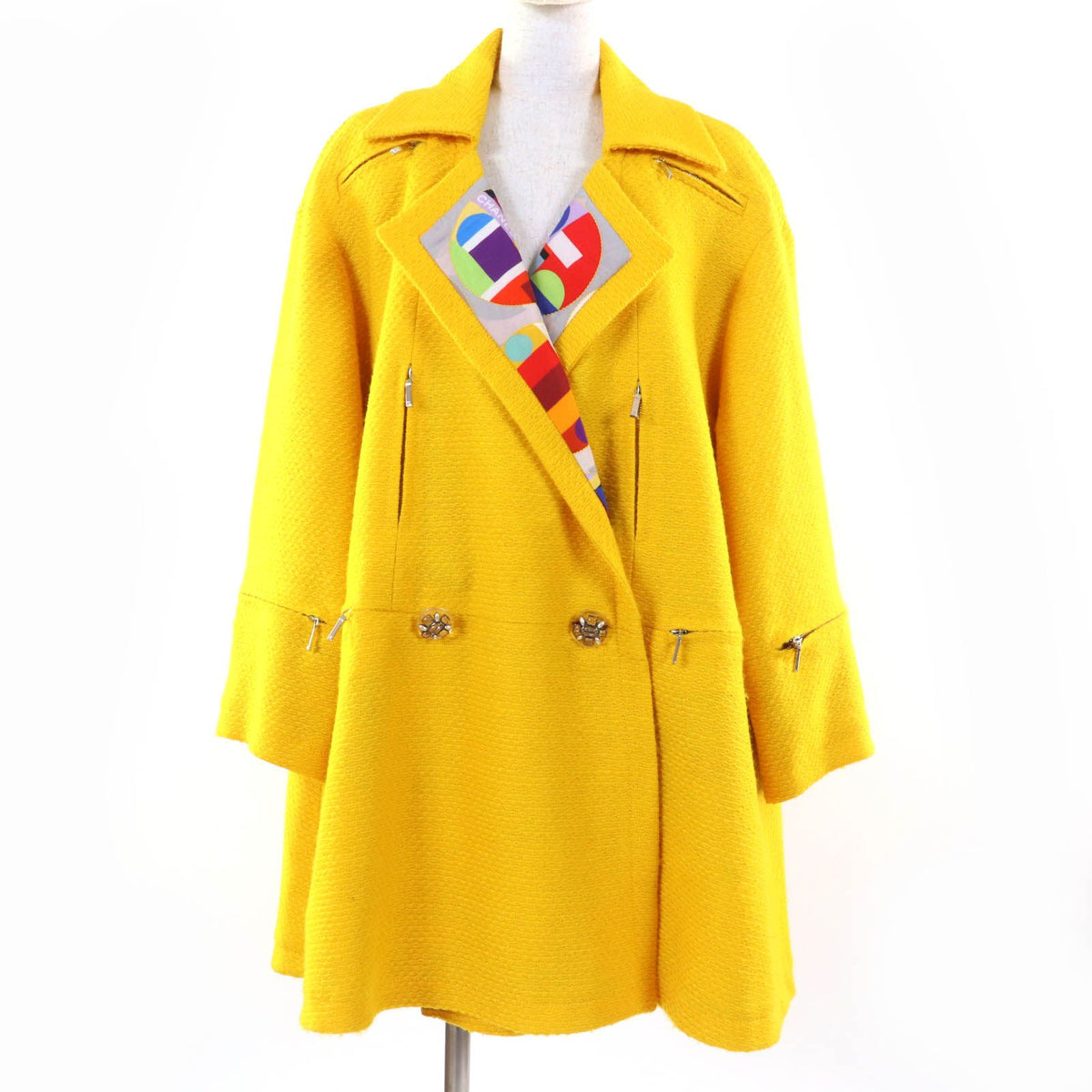 Chanel Wool 100% Lining Logo All Over Print Crystal Button Tweed Coat Yellow 38