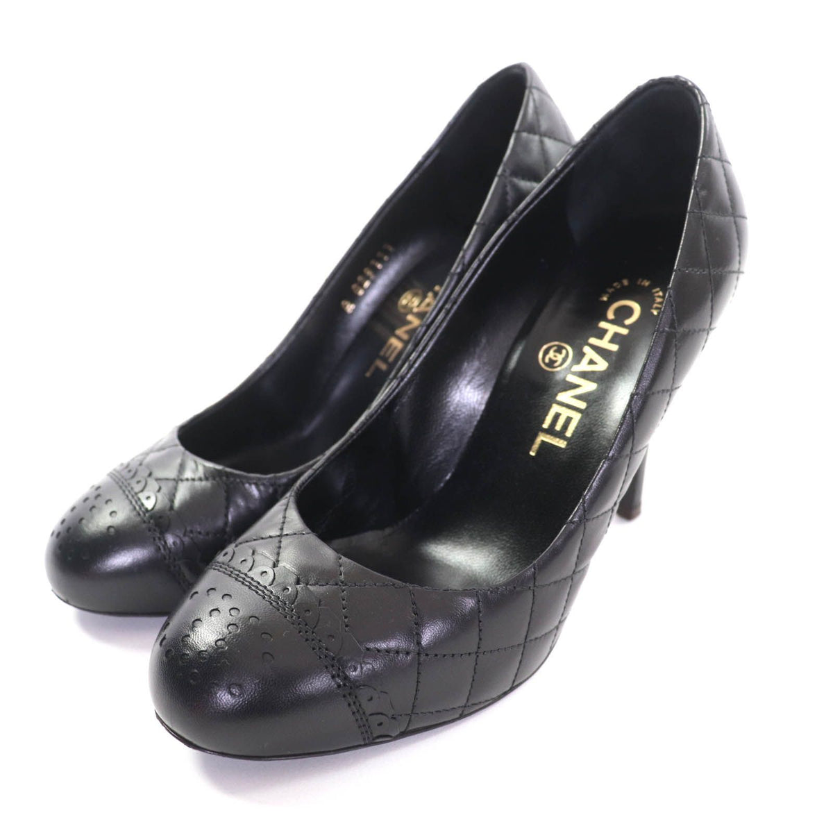 Chanel Perforated CC Logo Quilted Almond Toe Leather Pumps Black Heels
