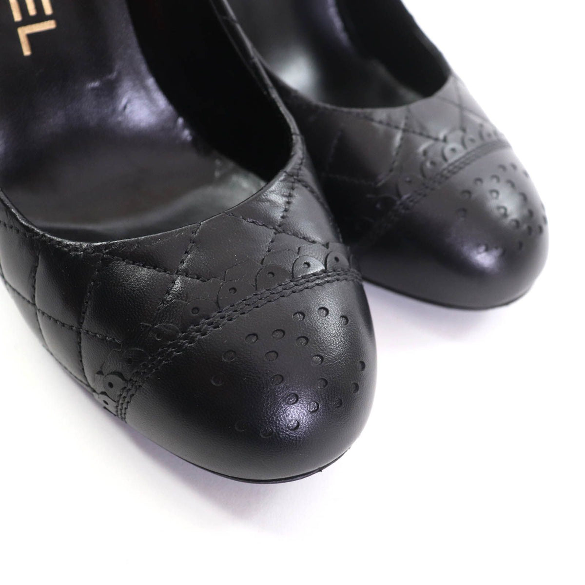 Chanel Perforated CC Logo Quilted Almond Toe Leather Pumps Black Heels — view 7