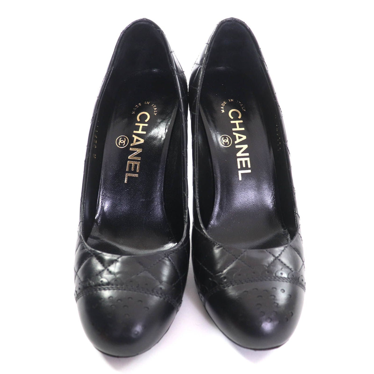 Chanel Perforated CC Logo Quilted Almond Toe Leather Pumps Black Heels — view 3