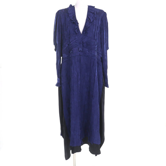 Balenciaga Satin Jacquard Twill Panel Pleated Midi Dress Navy 36