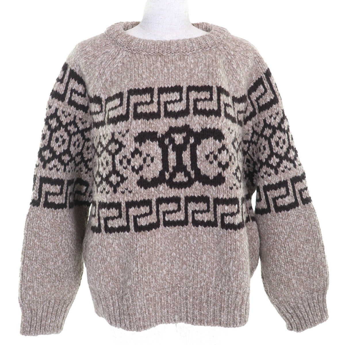 Celine Wool 100% Triomphe Crew Neck Long Sleeve Knit Sweater Brown